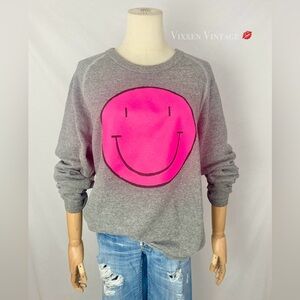 NEON PINK SMILEY FACE CREWNECK SWEATSHIRT IN HEATHER GRAY